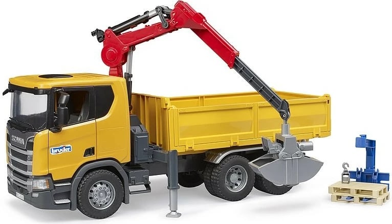 kamion lodër BRUDER Scania Super 560R BR-03551 1:16 me vinç dhe 2 paleta e verdhë/e kuqe