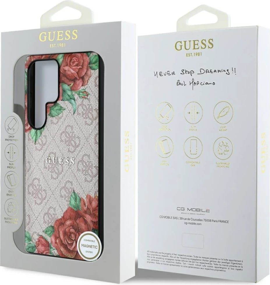 Mbështjellës Guess Leather 4G Flowers Print Metal Classic Logo MagSafe për Samsung Galaxy S25 Ultra, Rozë Mbështjellës Guess Leather 4G Flowers Print Metal Classic Logo MagSafe për Samsung Galaxy S25 Ultra, Rozë
