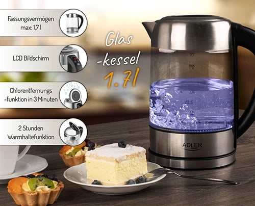 Çajnik elektrik Adler AD 1247 1.7 L kontroll temperature trup xhami inox