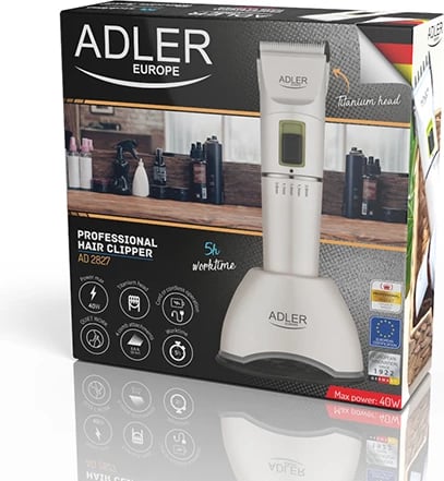 makinë qethëse, Adler, AD 2827, bateri Li-Ion 2200 mAh 5 orë, teh qeramik/titanium, 2 shpejtësi, 4 krehra 3–12 mm, e bardhë makinë qethëse, Adler, AD 2827, bateri Li-Ion 2200 mAh 5 orë, teh qeramik/titanium, 2 shpejtësi, 4 krehra 3–12 mm, e bardhë