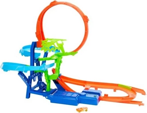 Set pistash Hot Wheels Air Crash, JFD12, me makinë 1:64, Blu/Portokalli/Gjelbër