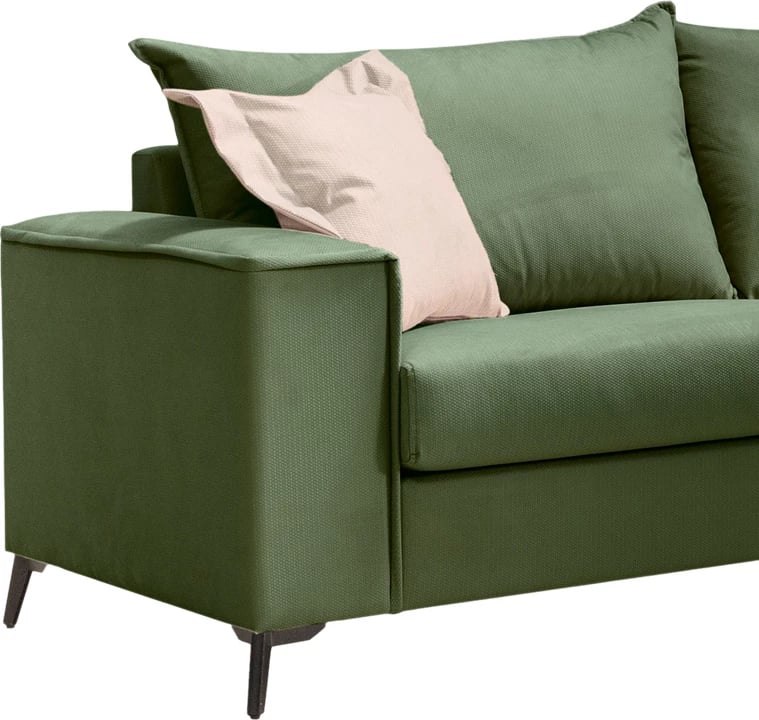 Divan Verona 3-ulësesh, ngjyrë e gjelbër e errët, me jastëkë krem, 225x93x100 cm