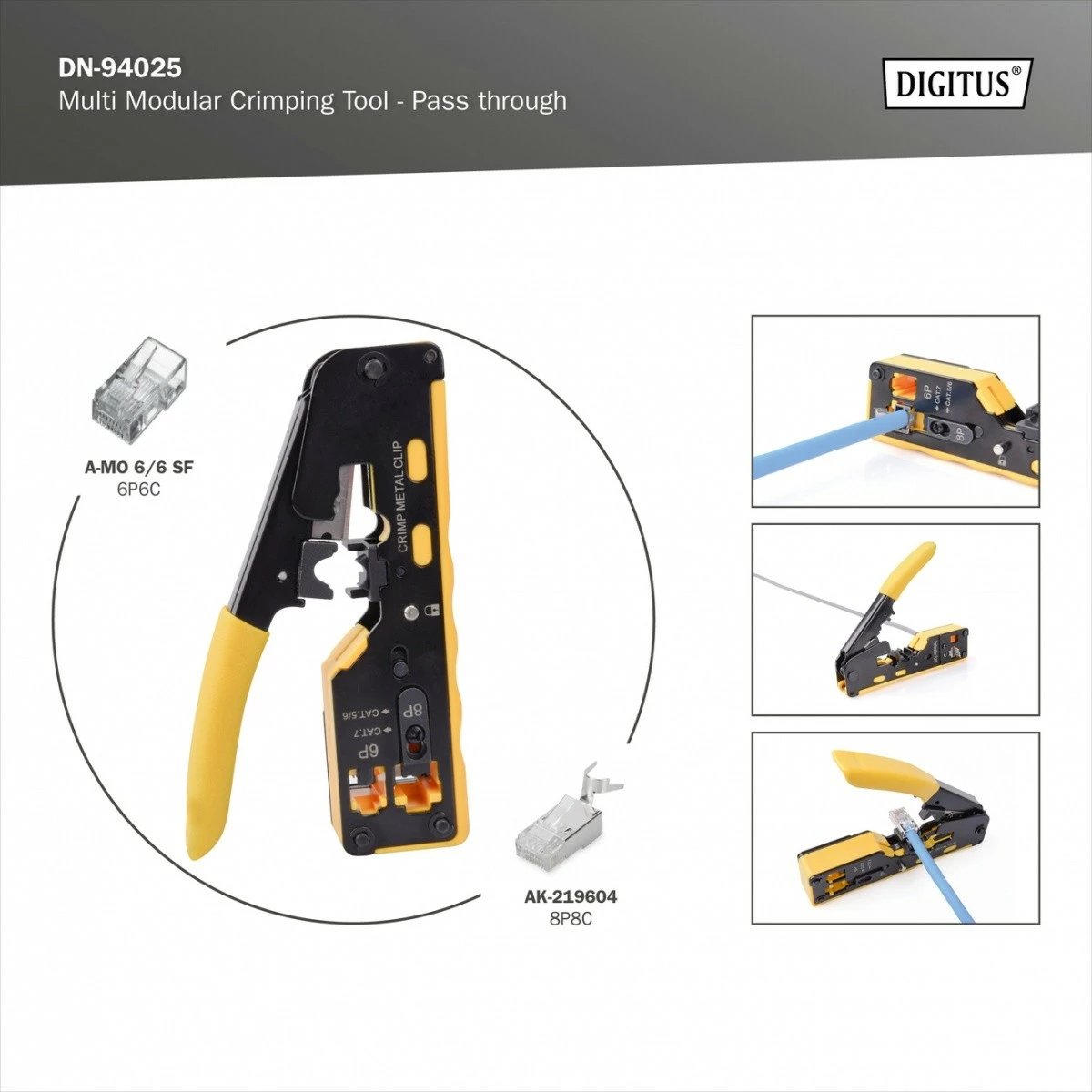 Mjet krimpimi Digitus DN-94025 për konektorë RJ45 Cat.5e/Cat.6, RJ12, RJ11, Metal, me prerje dhe heqje izolimi