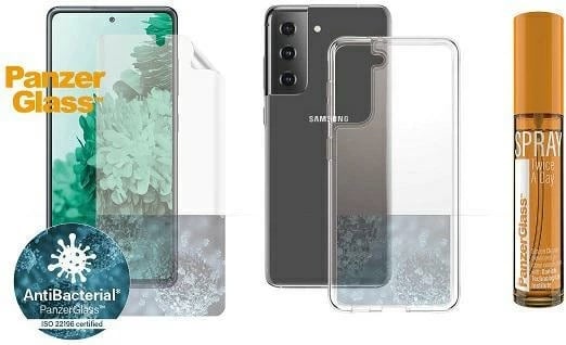 Set mbrojtës PanzerGlass për Samsung Galaxy S21, TPU folje + Mbështjellës transparent + Sprej pastrues 30ml