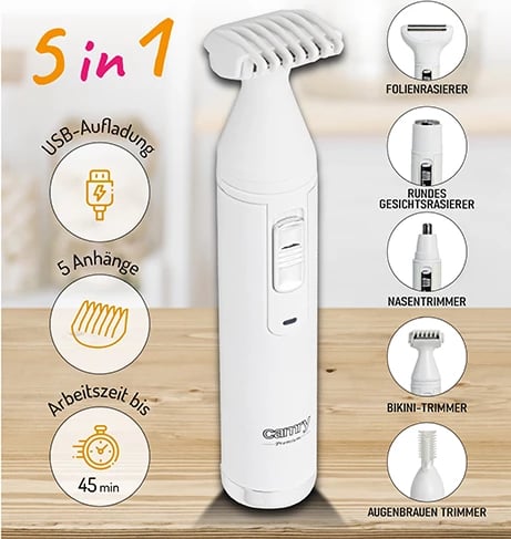 Trimmer multifunksional, Camry, CR 2935, bateri 400mAh Ni-MH, karikim USB, kokë folio + trimmer vetullash/bikini/hundë/fytyrë, e bardhë, set