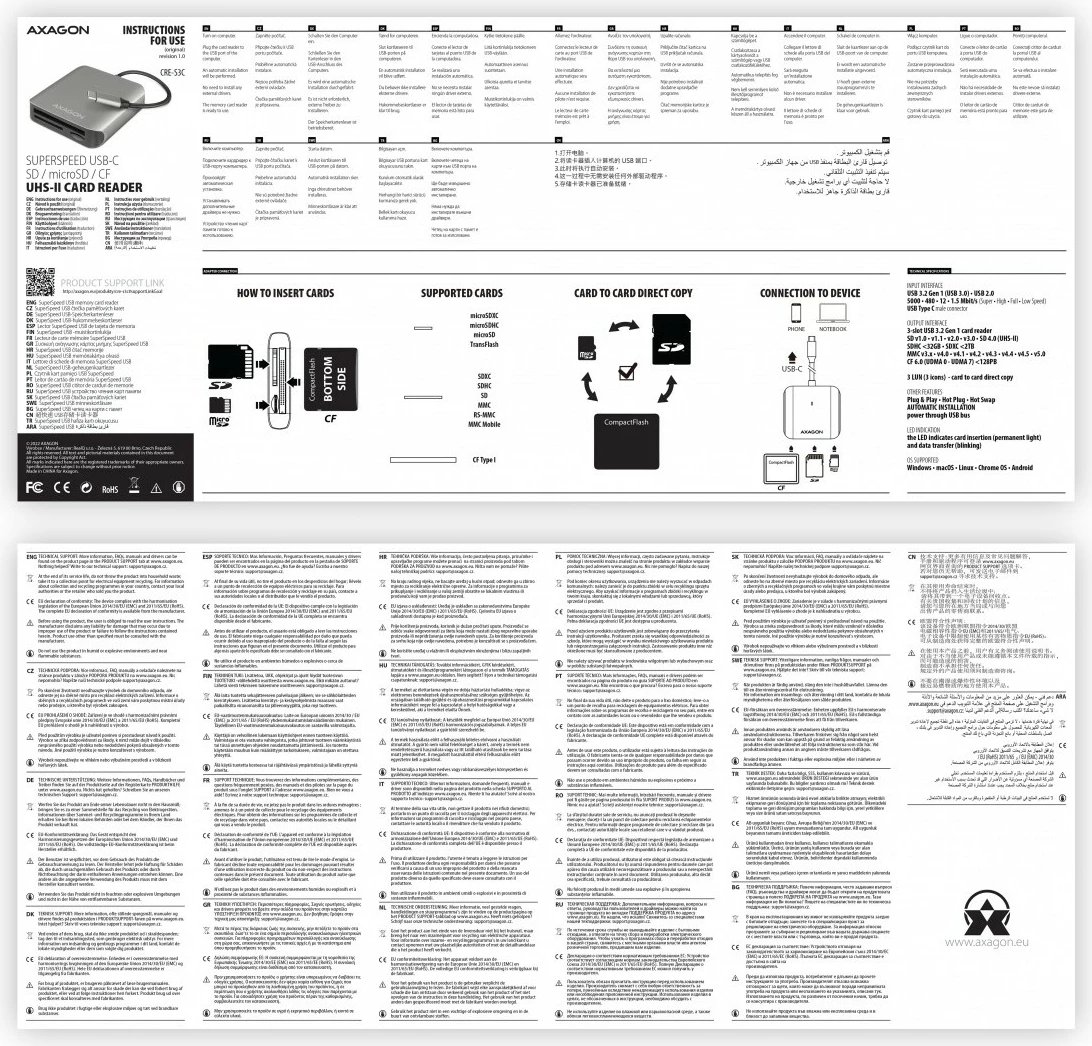 Lexues kartelash AXAGON CRE-S3C, USB-C, 3 slote, alumini, Gri