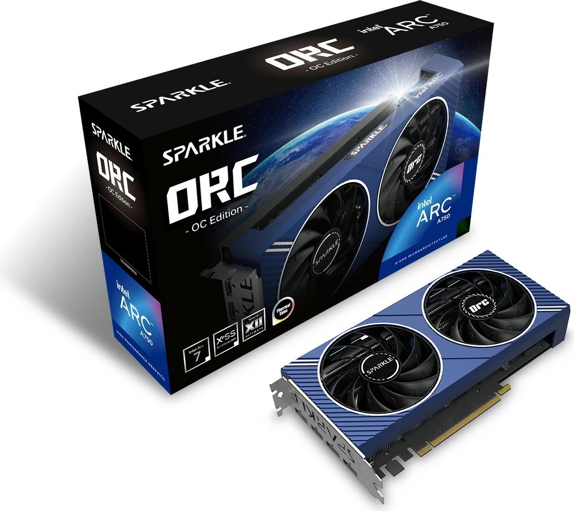 Kartelë grafike Sparkle Intel Arc A750 ORC OC Edition, 8 GB, GDDR6, PCI Express x16 4.0, e zezë, blu, argjendtë