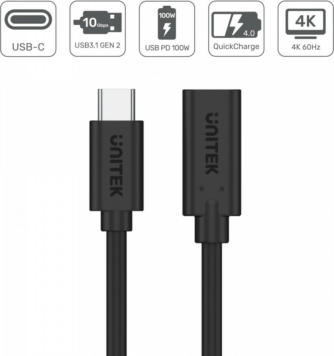 Kabllo zgjatues USB-C Unitek C14086BK-1M, 1m, 10Gbps, 100W, e zezë