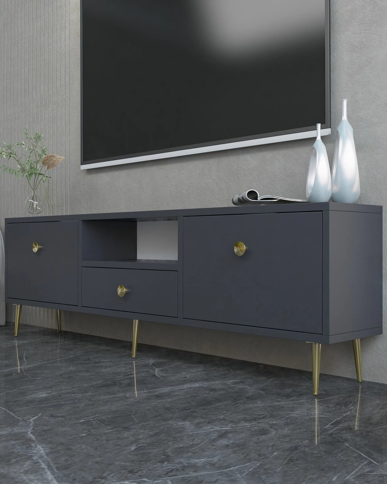 Komodë TV, ngjyrë antracit dhe ari, Skye Decor, 1307-DROP-1