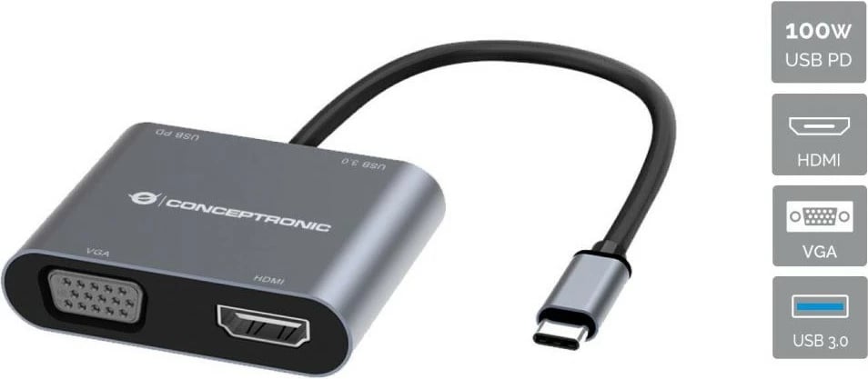 Dock Conceptronic 4-1 USB-C në HDMI, VGA, USB 3.0, 100W PD, 15cm, gri