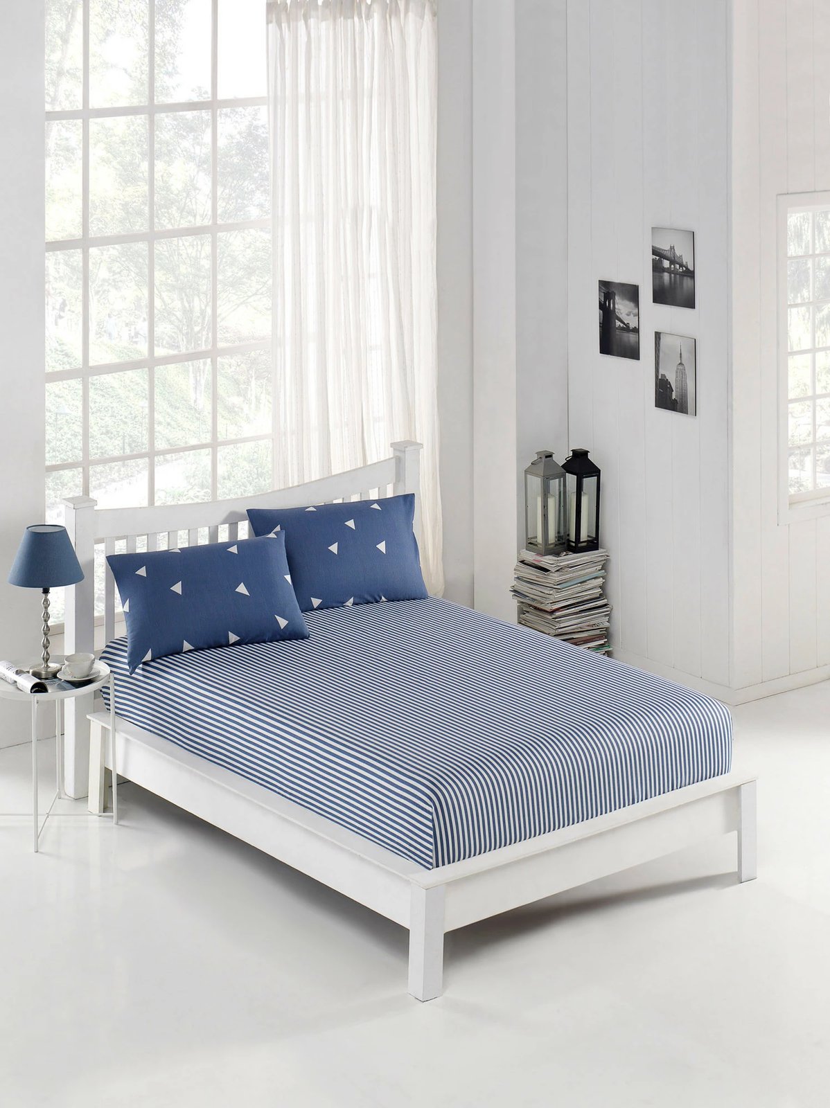 Set çarçafi për një person, L'essentiel, model trekëndësh, ngjyrë kaltër dhe e bardhë