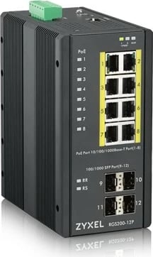 Switch i menaxhuar Zyxel RGS200-12P, 12 porta, PoE+, 8x GbE, 4x SFP, IP30, Industrial, i zi