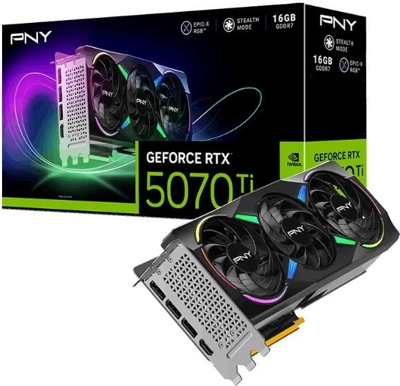 Kartelë grafike PNY GeForce RTX 5070 Ti OC 3F ARGB, 16 GB, 256-bit, 3 ventilatorë