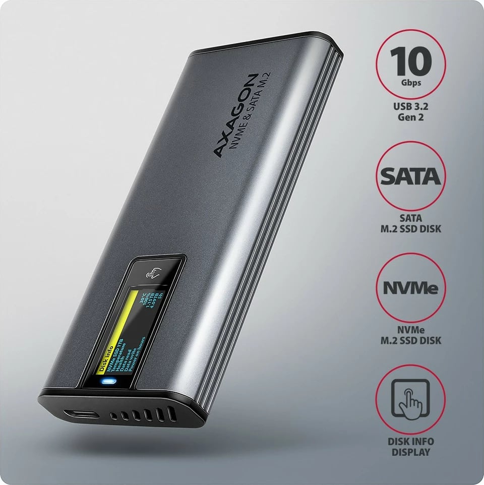 Kasë e jashtme AXAGON EEM2-SD2, për SSD M.2 NVMe/SATA, USB-A/C 3.2 Gen2, ekran LCD, Gri