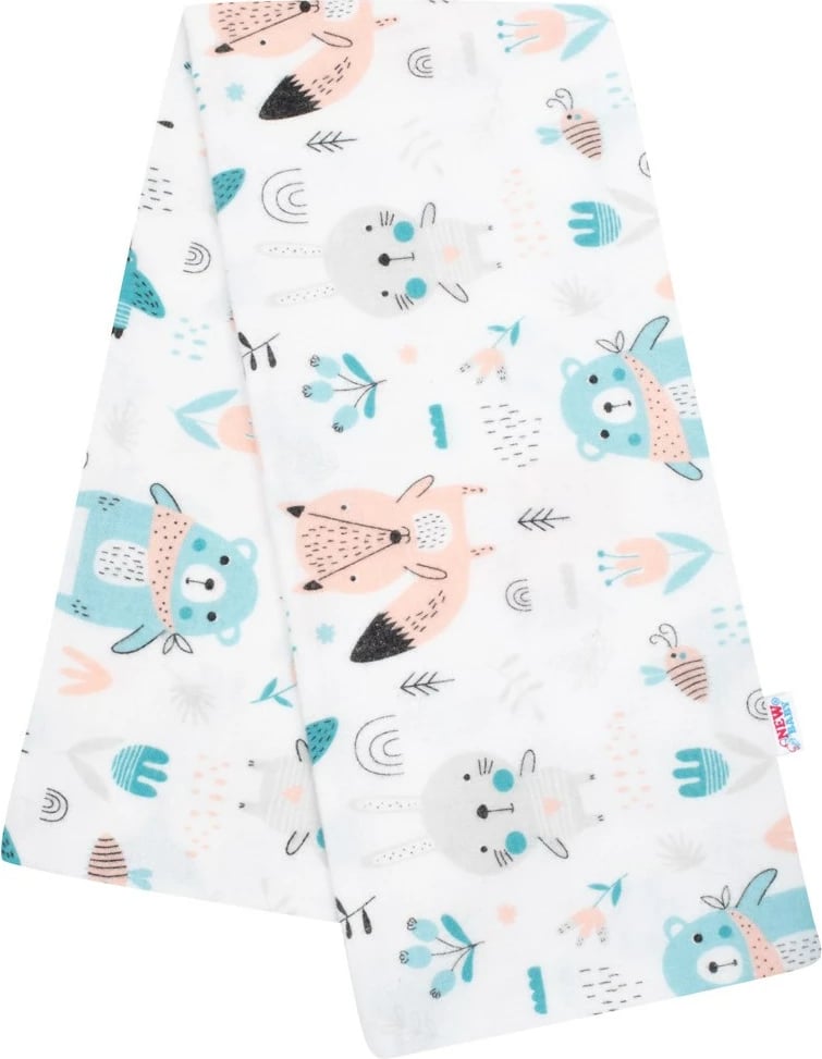 Pelenë flanelë, New Baby, 70x80 cm, 100% pambuk, print kafshë, e bardhë