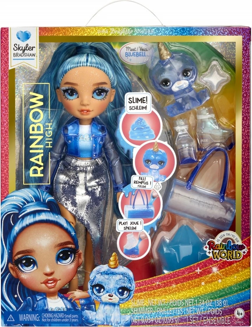 Kukull Rainbow High Skyler, MGA, 120216-EU, me kafshë magjike dhe slime, Blu