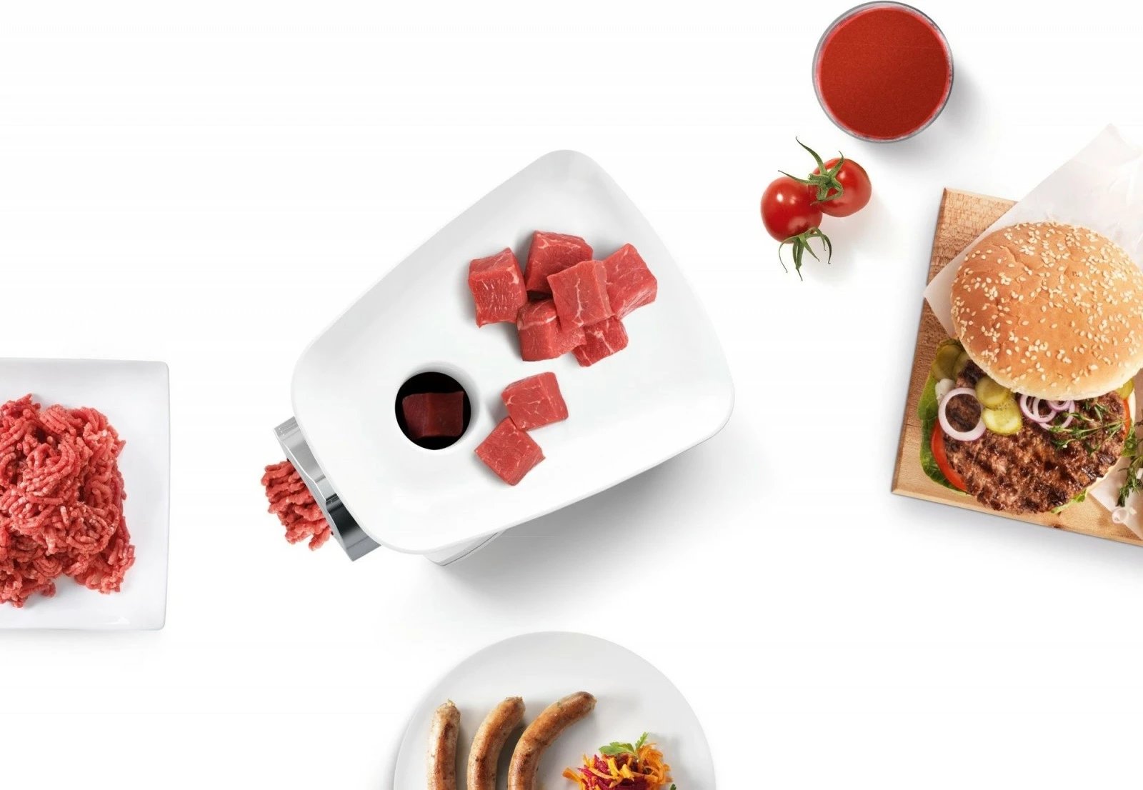 Bluarëse mishi, Bosch, MFW2515W, 1500W, disqe 3.8/8 mm, me shtojcë suxhukësh dhe shtrydhëse për manaferra/domate, e bardhë