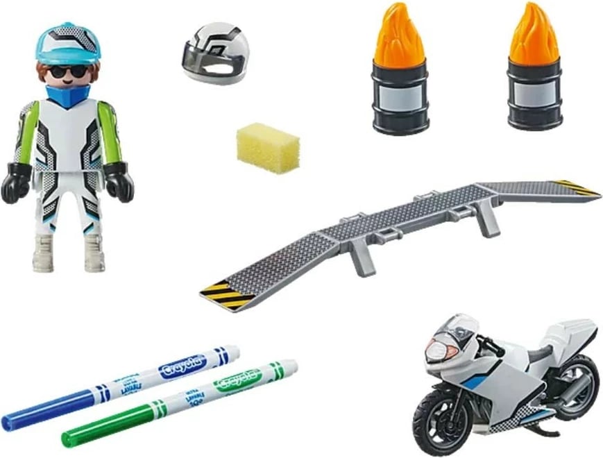 Set lodër Playmobil Color 71377, motoçikletë, me pisakë Crayola, 18 pjesë