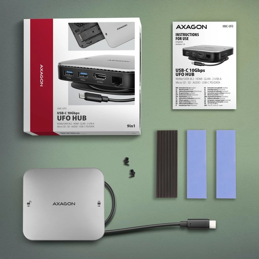 Hub multiport AXAGON HMC-UFO, 9-në-1, 10Gbps, 2x USB-A, HDMI 4K/60Hz, M.2 NVMe/SATA, audio, PD 100W, SD/microSD, GLAN, kabllo USB-C 65cm, zi/argjendtë