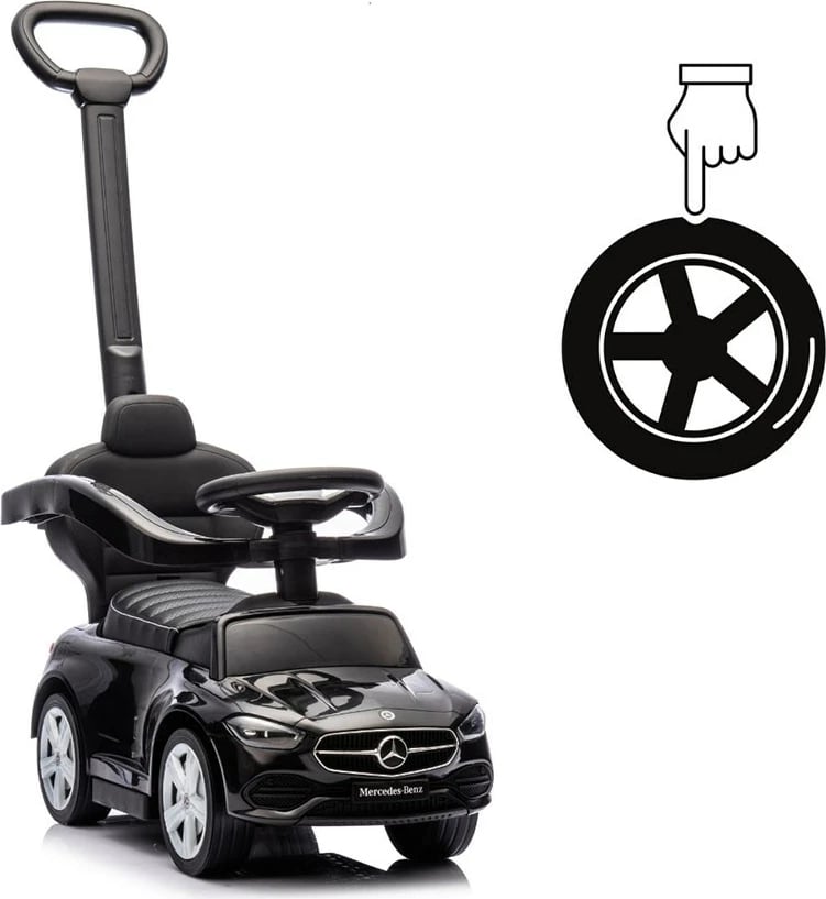 Makinë ride-on me dorezë udhëzuese, Milly Mally, Mercedes C-Class Deluxe, sedilje eko-lëkurë, goma gome, anti-tip, e zezë