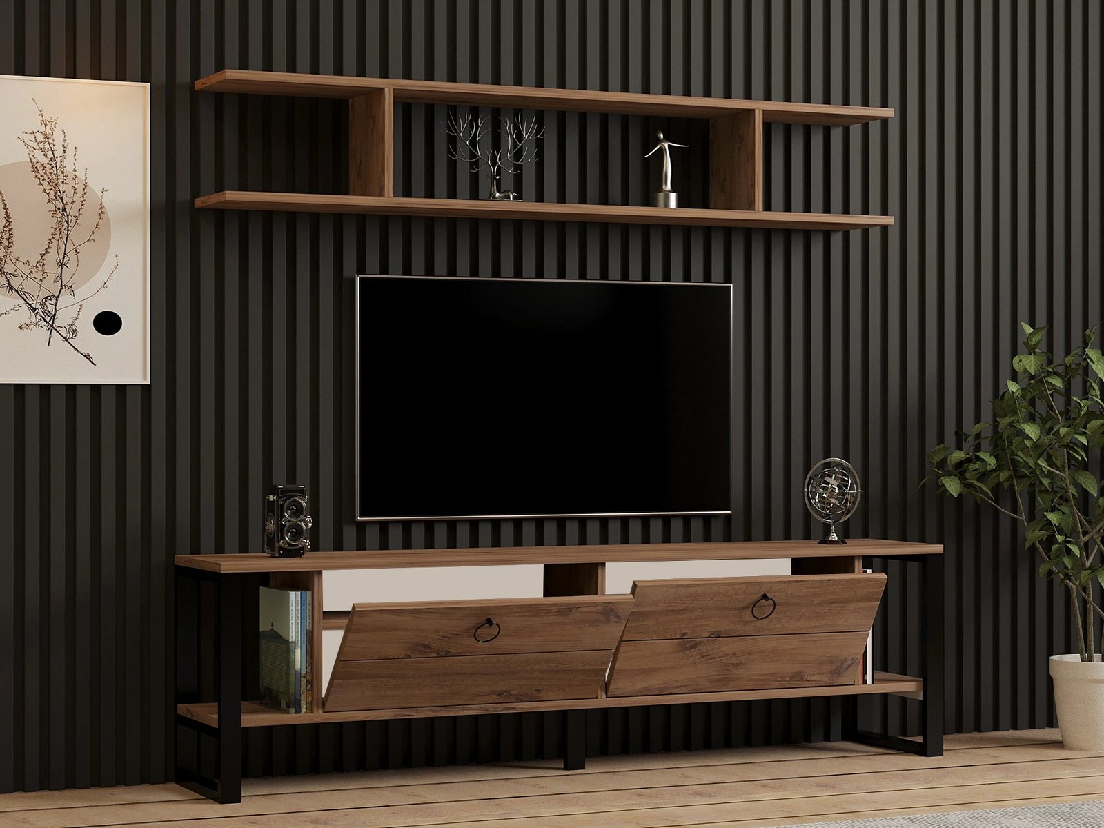 Komodë TV Skye Decor, ngjyrë Atlantic Pine, me rafte muri