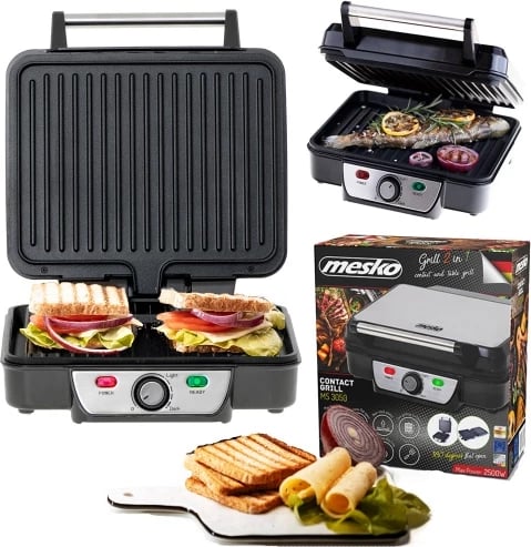 Grill elektrik kontakt 2-në-1, Mesko MS 3050, 2500W max, pllaka 28x23 cm, hapje 180°, kontroll temperature, veshje jo‑ngjitëse, me tabakë piku dhe spatulë