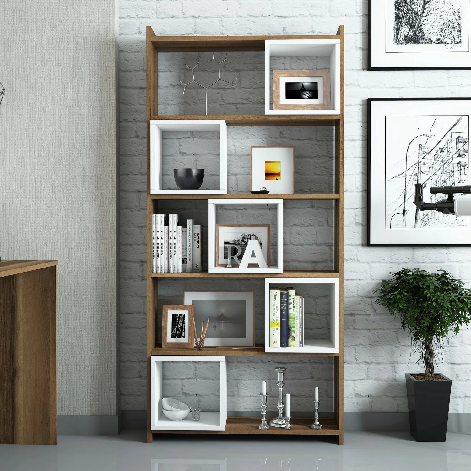 Raft librash Hanah Home, Box, ngjyrë arrë dhe e bardhë