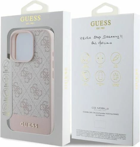 Mbështjellës Guess 4G Bottom Stripe për iPhone 16 Pro 6.3", hardcase TPU/PC me eko-lëkurë, rozë