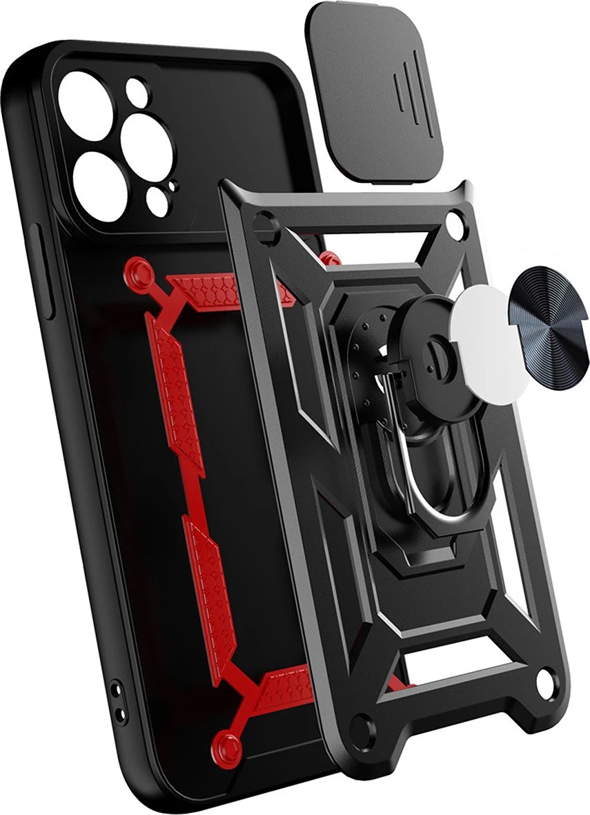 Mbështjellës Hurtel Hybrid Armor Camshield për Realme 10 Pro+, me mbulesë kamere, unazë metalike, i zi
