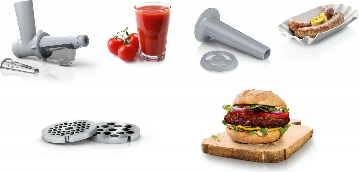 Bluarëse mishi, Bosch, MFW2515W, 1500W, disqe 3.8/8 mm, me shtojcë suxhukësh dhe shtrydhëse për manaferra/domate, e bardhë