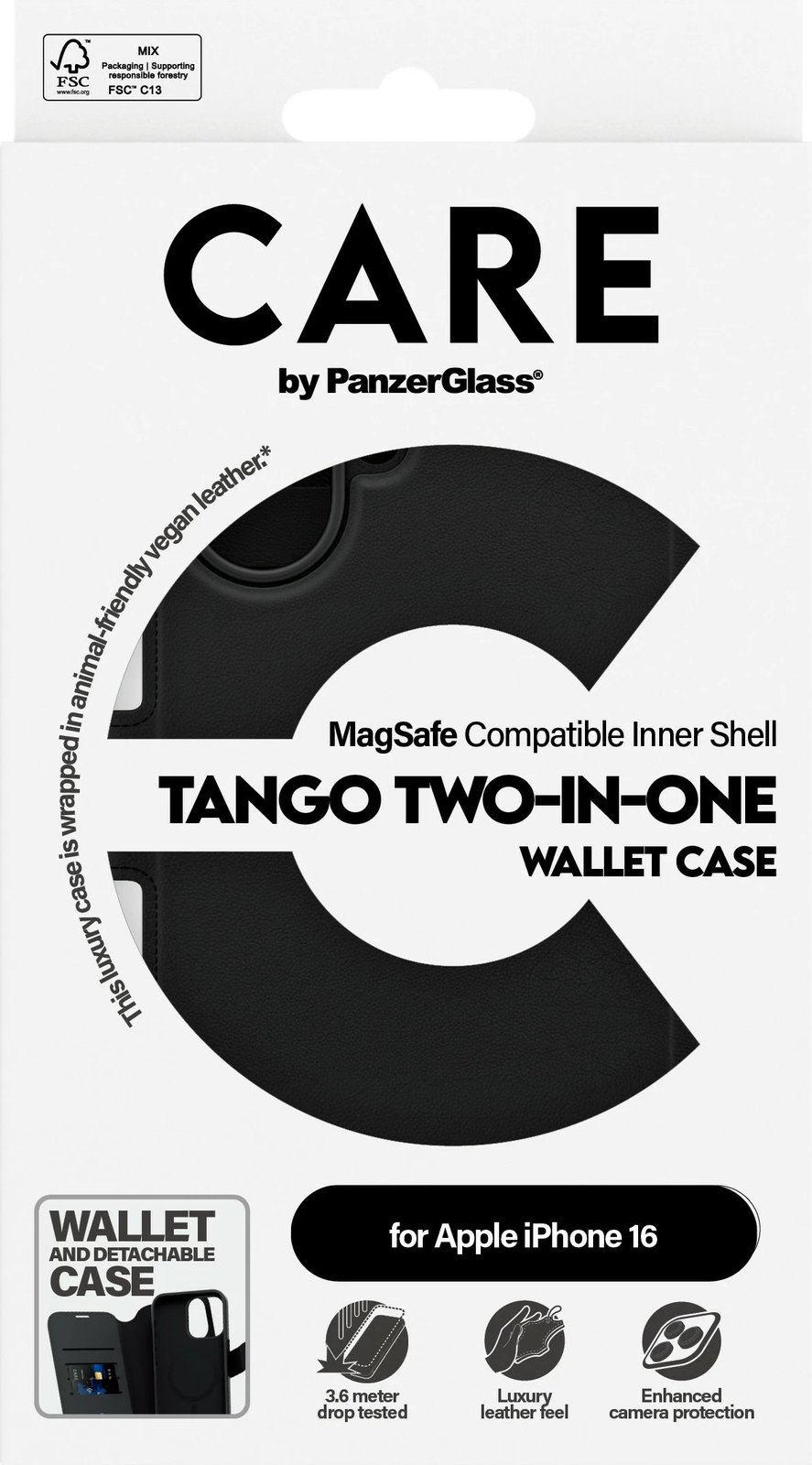 Mbështjellës PanzerGlass CARE Case Feature Tango 2-in-1 Wallet Case për iPhone 16, e zezë