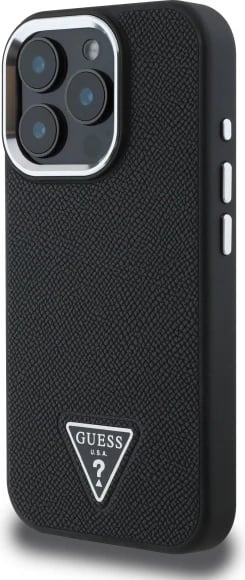 Mbështjellës Guess Grained Triangle MagSafe për iPhone 16 Pro Max 6.9", i zi
