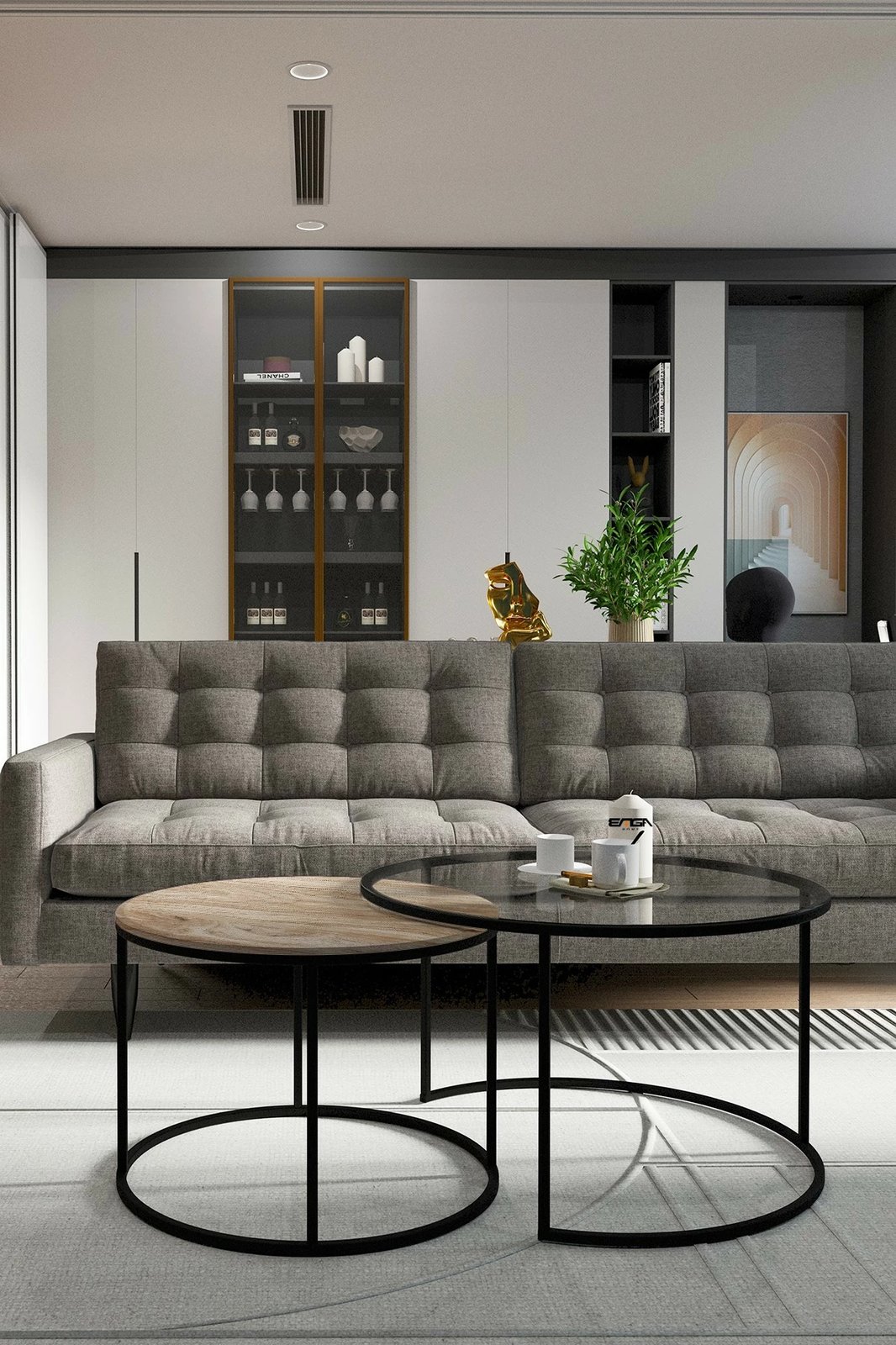 Tavolinë kafeje Skye Decor, Kyoto, xham transparent, fund ngjyrë pishë antike