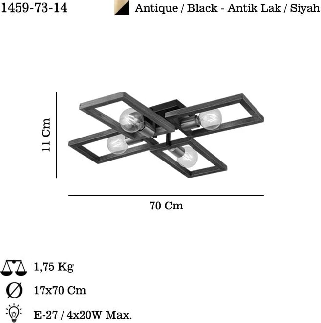 Llambë tavani Opviq, Era - 73-14, metal dhe dru, ngjyrë antike/zezë