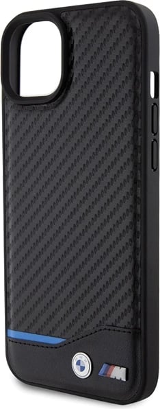Mbështjellës BMW Leather Carbon për iPhone 15 Plus, i zi