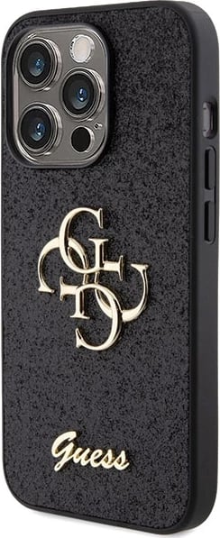 Mbështjellës Guess Glitter Script Big 4G për iPhone 15 Pro, i zi
