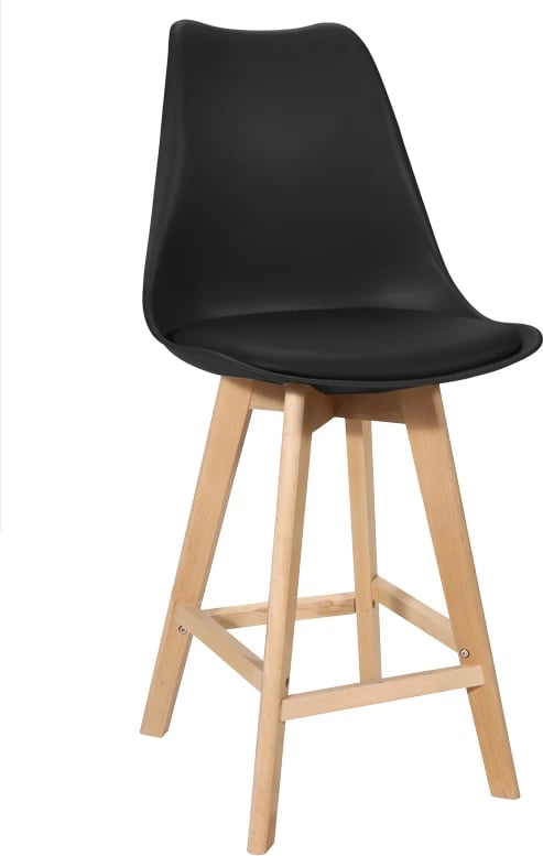 Karrige për bar Gaston, ngjyrë e zezë pp-pu dhe këmbë druri natyrale, 56x48.5x104cm