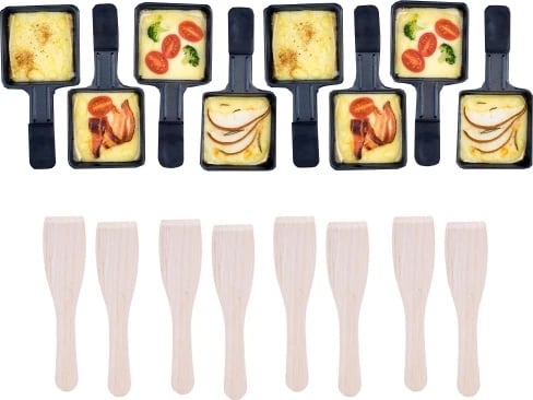 Grill elektrik raclette, Adler AD 6616, 1400W, pjatë 42x23cm, dyanshe jo-ngjitëse, 8 tiganë + 8 shpatulla druri, e zezë