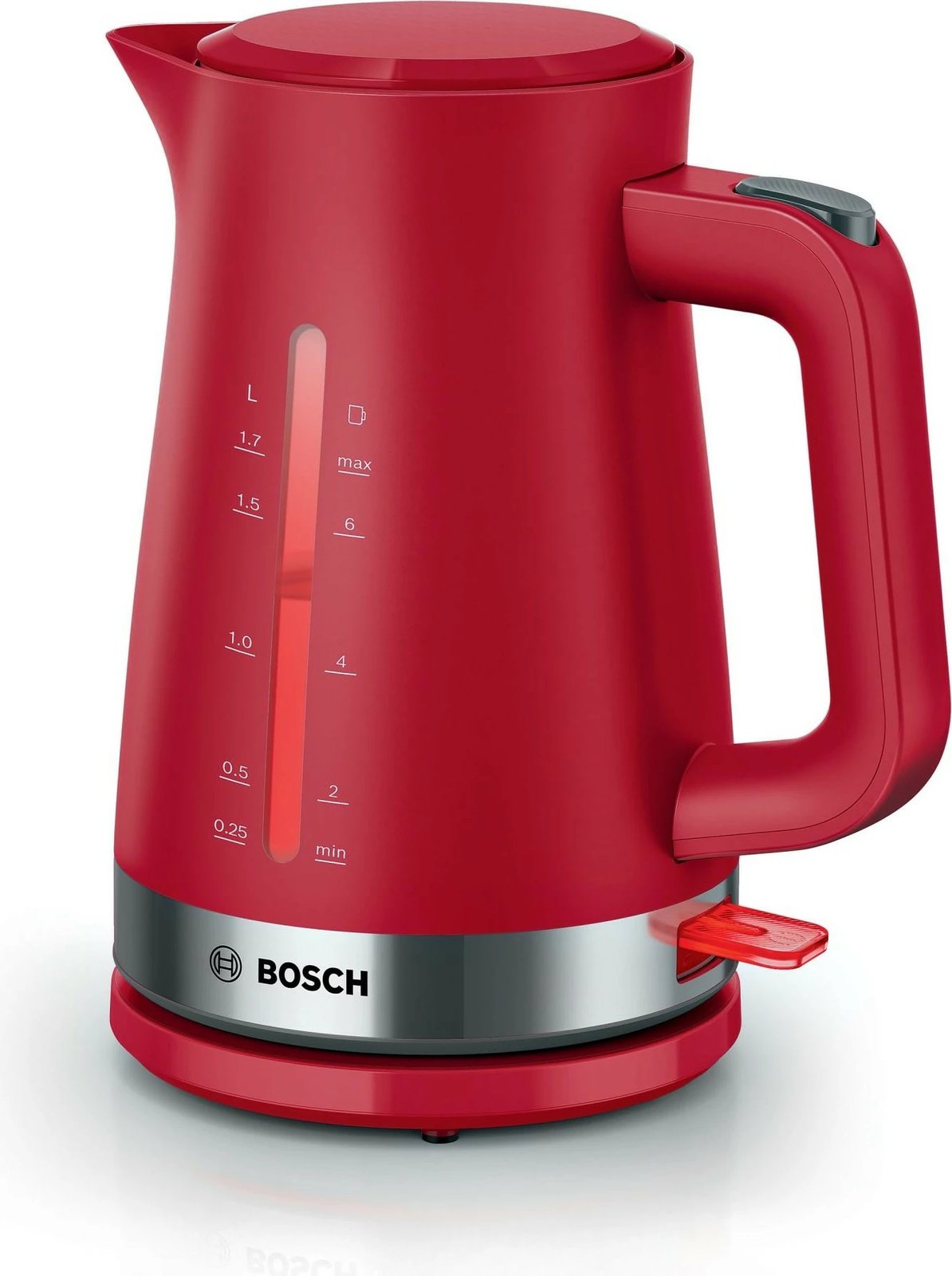 Çajnik Bosch TWK4M224, 1.7 L, 2400 W, Inoks, Kuqe Çajnik Bosch TWK4M224, 1.7 L, 2400 W, Inoks, Kuqe