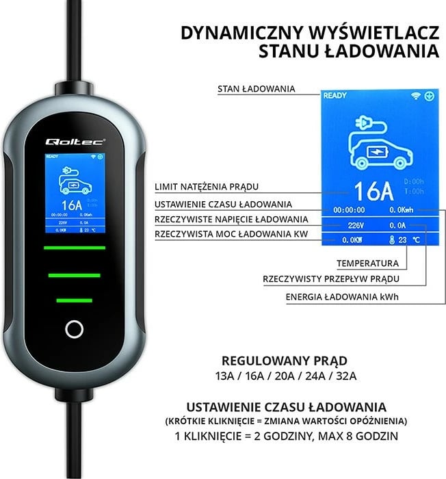 Karikues mobil/Wallbox për automjet elektrik, Qoltec 52437, Type 2 22kW 400V 3‑fazë 32A Wi‑Fi TUYA SMART LIFE LCD kabllo 7m IP65, zi/gjelbër, set me aksesorë