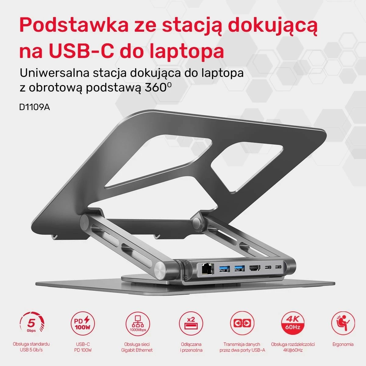 Podstavek për laptop Unitek USB-C HDMI 4K PD 100W, ngjyrë argjendi