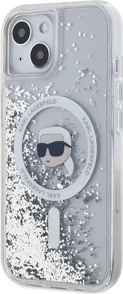 Mbështjellës Karl Lagerfeld Liquid Glitter Karl Head MagSafe për iPhone 15/14/13, Transparent