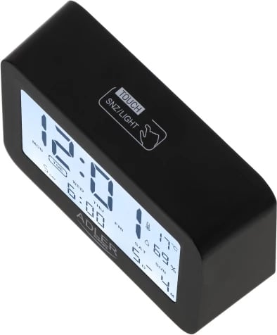 Orë alarmi, Adler AD 1196, 3 alarme, ekran me ndriçim, ora/data/temperatura/lagështia, me bateri 2xAAA, e zezë