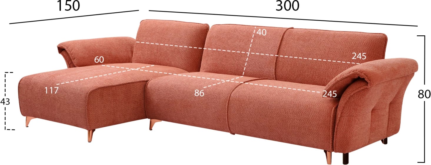 Divan qoshe i kthyeshëm MAILO FH6071.04, pëlhurë portokalli, këmbë metalike, 300x150x80H cm
