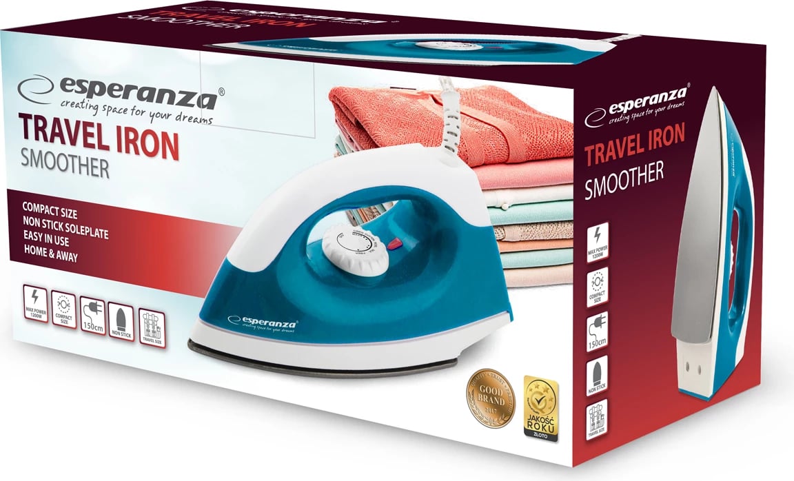 Hekur udhëtimi Esperanza SMOOTHER EHI001 1200W, pllakë jo-ngjitëse, rregullim temperature, blu e bardhë