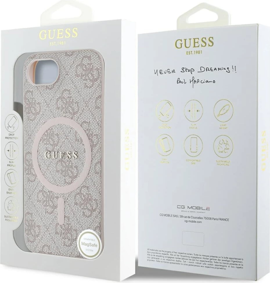 Mbështjellës Guess 4G Ring Classic Logo MagSafe për iPhone 16e, Rozë Mbështjellës Guess 4G Ring Classic Logo MagSafe për iPhone 16e, Rozë
