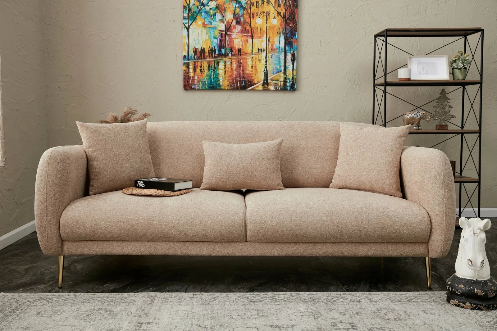 Divan-krevat treshe Simena, bezhë, këmbë metalike, Atelier del Sofa