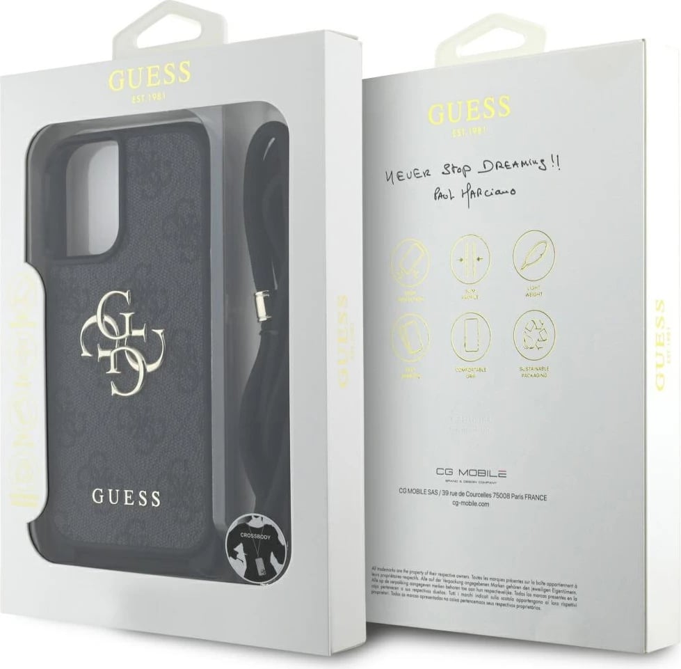 Mbështjellës Guess 4G Big Logo Cord Stap Crossbody për iPhone 16 Plus, i zi