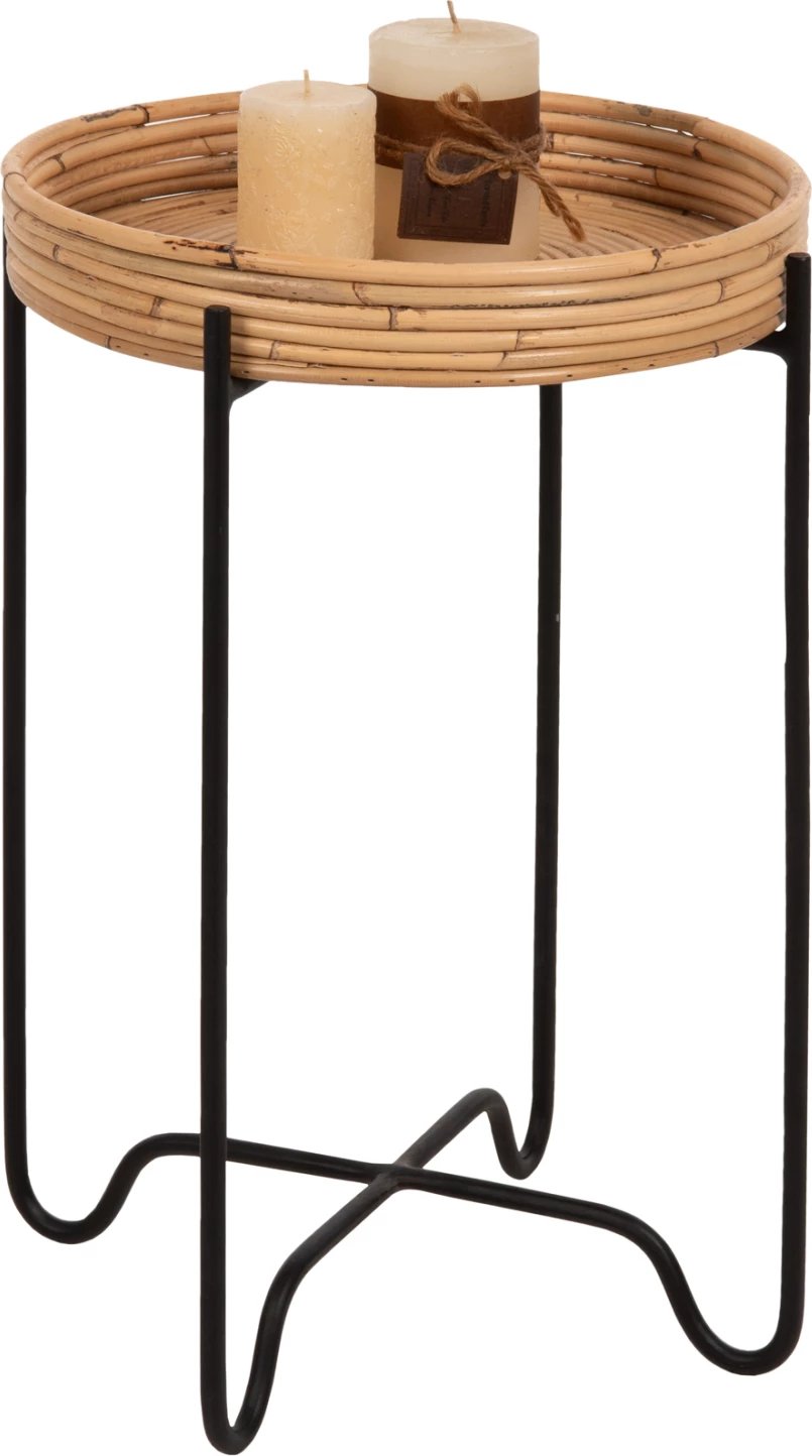 Tavolinë anësore e rrumbullakët FLY, ratan natyral, bazë metalike e zezë, FH7905, Φ32x48H cm