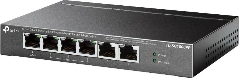 Switch TP-LINK TL-SG1006PP, 6 porta, 3 PoE+, 1 PoE++, Desktop, Metalik